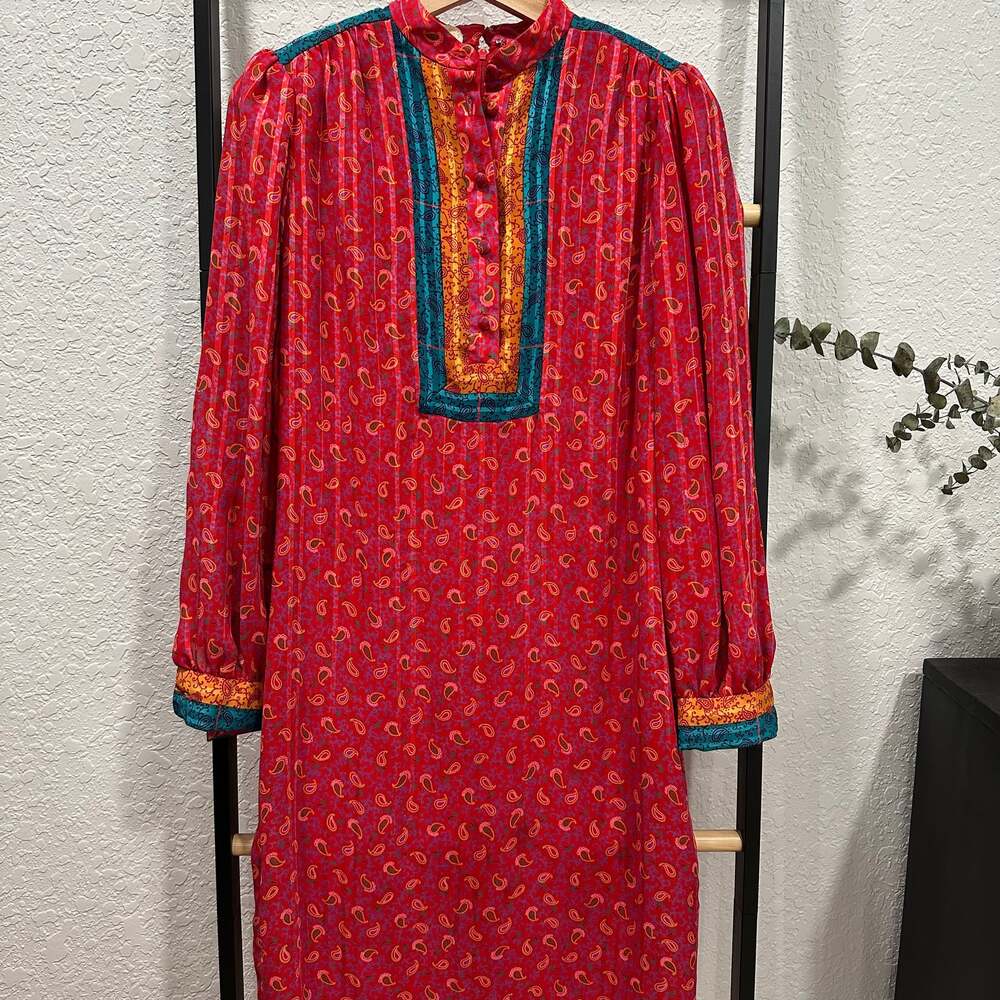 Vintage 70s Umba Parnes Feinstein Boho Paisley Folk Tunic Dress Hippie Red
